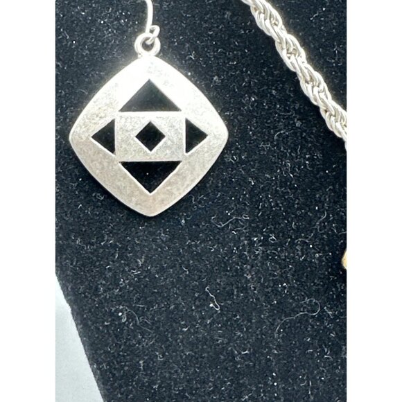 Set Necklace Earrings SilverTone Brass Tribal Geometric Cut Out Rope Chain 18”3” - Picture 9 of 14